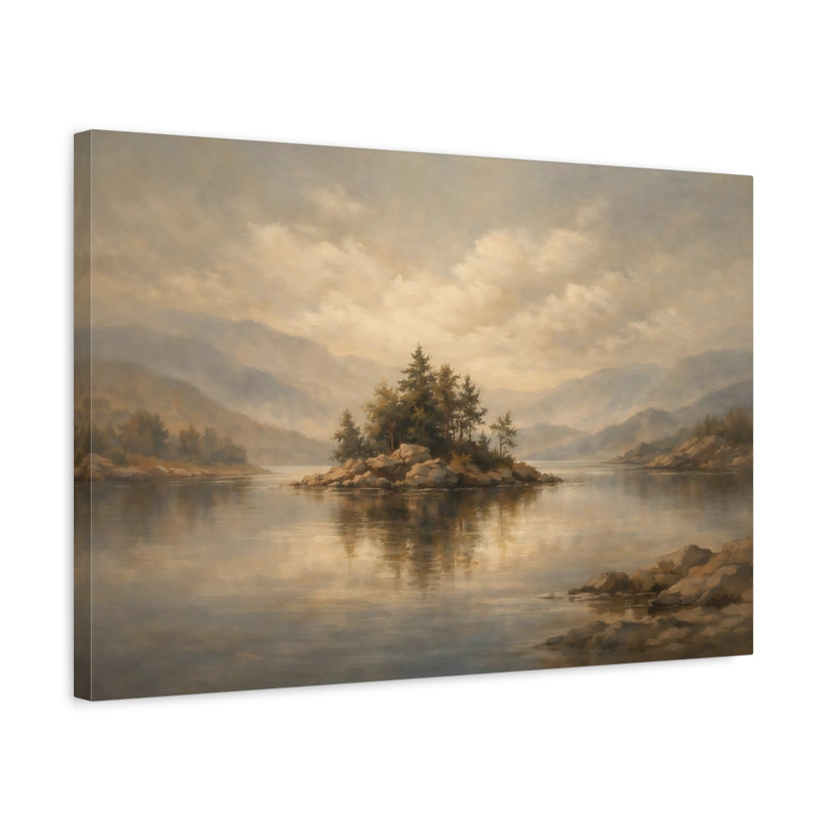 Side Mockup 3. Nature Lake Island Earthy Tones shown as stretched canvas wall art
