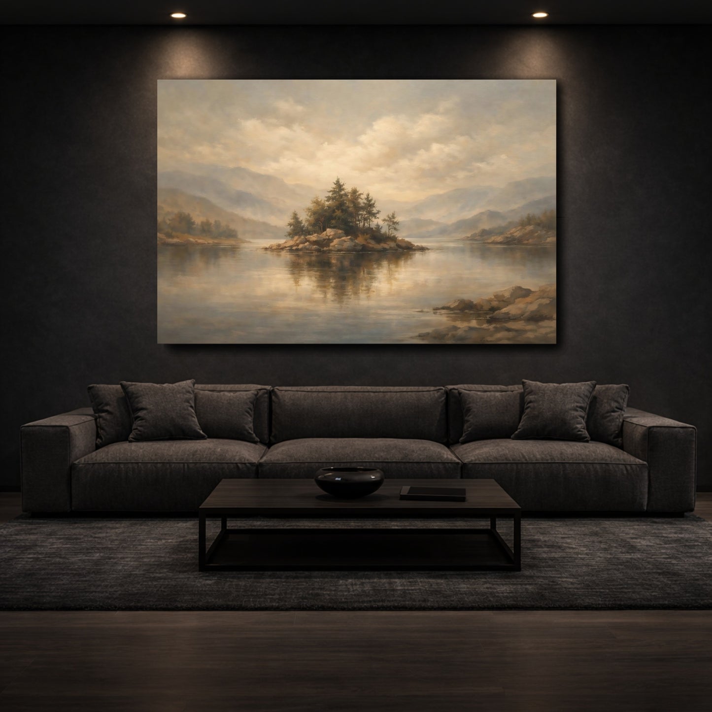 Mockup 2. Nature Lake Island Earthy Tones shown as stretched canvas wall art
