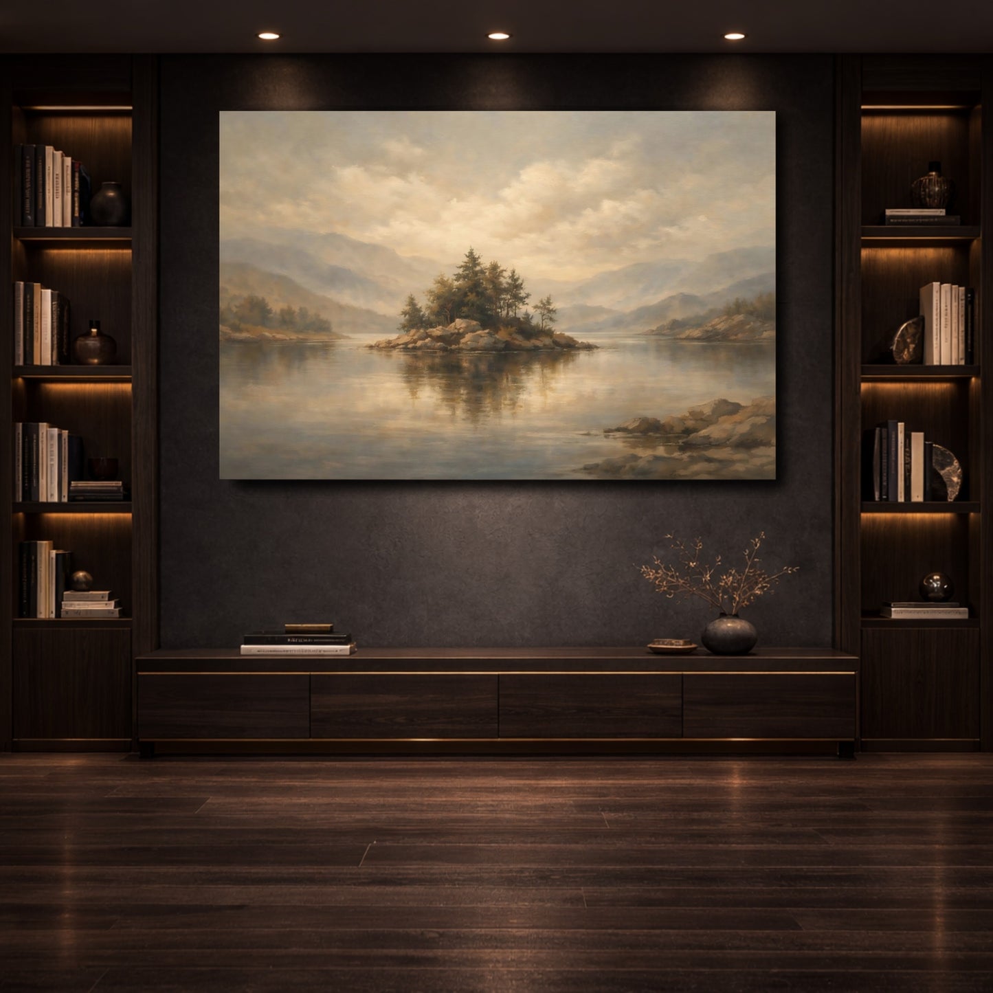 Mockup 3. Nature Lake Island Earthy Tones shown as stretched canvas wall art