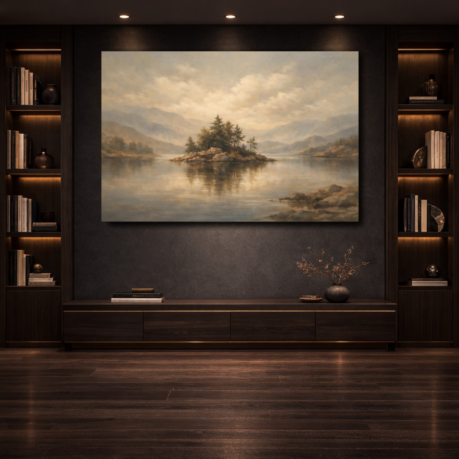 Mockup 3. Nature Lake Island Earthy Tones shown as stretched canvas wall art
