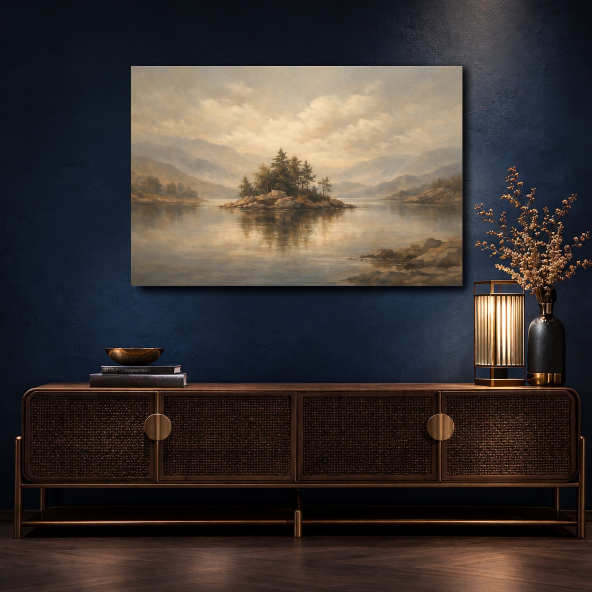 Mockup 4. Nature Lake Island Earthy Tones shown as stretched canvas wall art