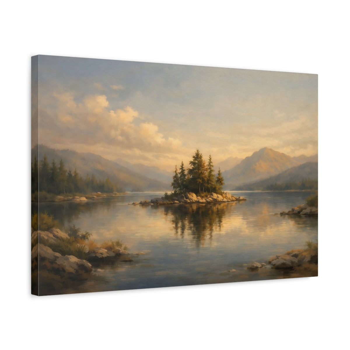 Side Mockup 3. Nature Lake Island Golden Lake shown as stretched canvas wall art