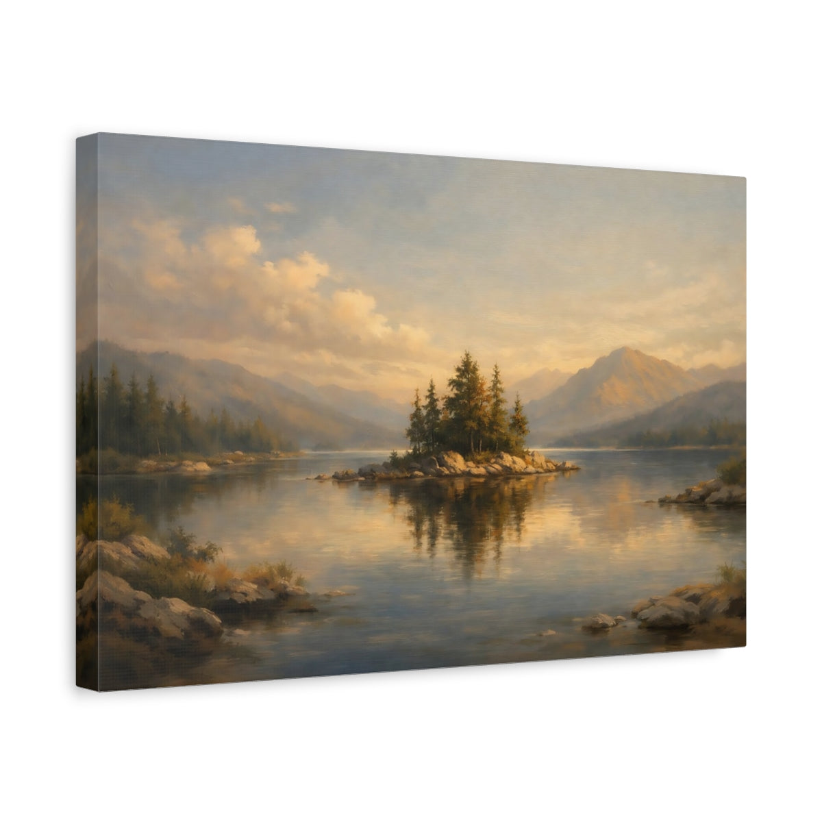 Side Mockup 4. Nature Lake Island Golden Lake shown as stretched canvas wall art