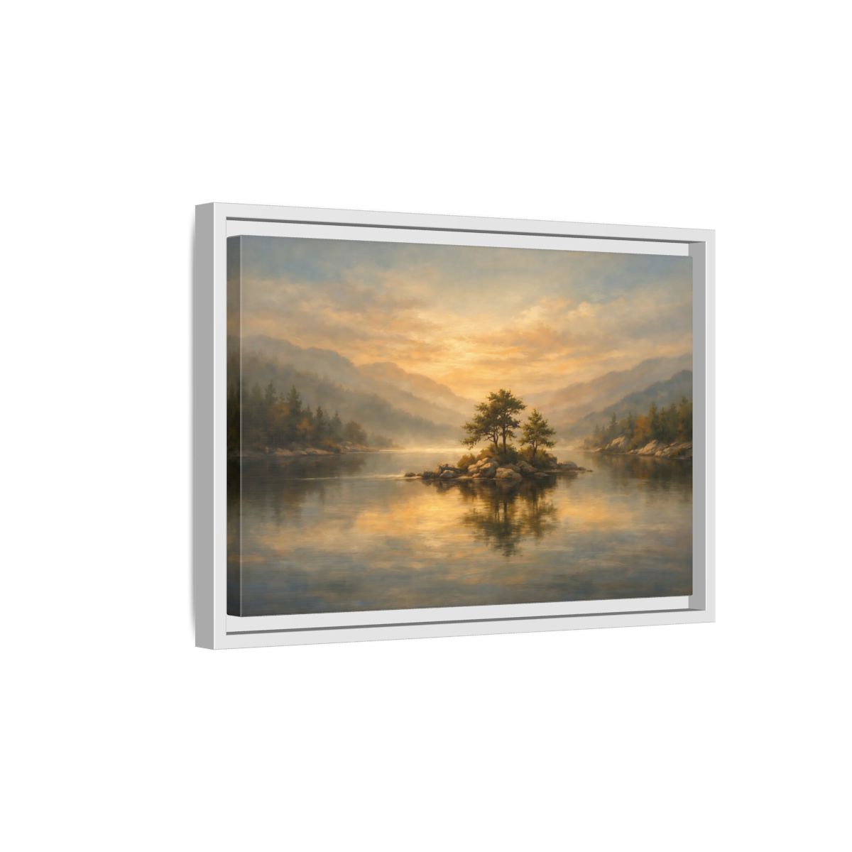 Side Mockup 4. Nature Lake Island Golden Lake Island shown as stretched canvas wall art