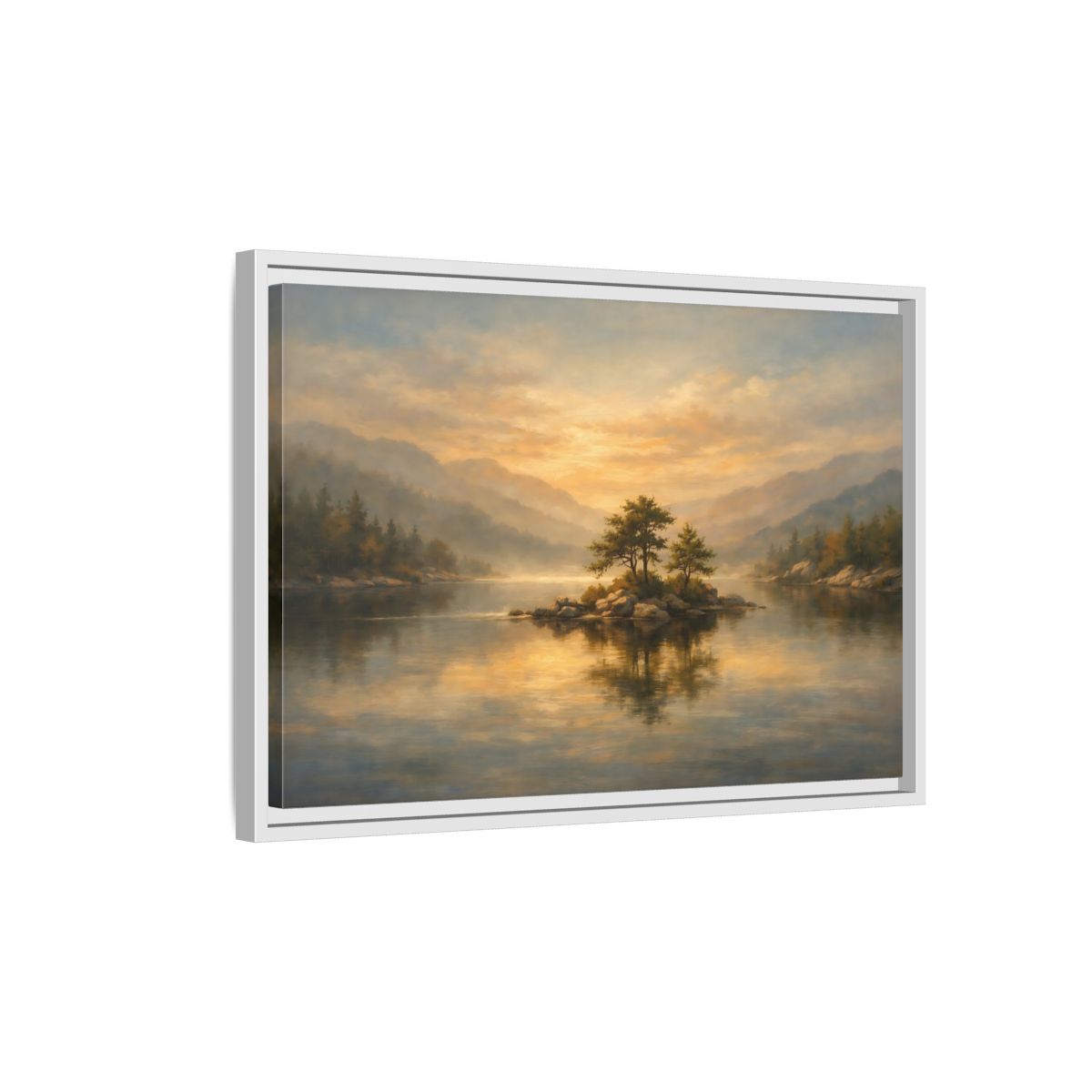 Side Mockup 1. Nature Lake Island Golden Lake Island shown as stretched canvas wall art