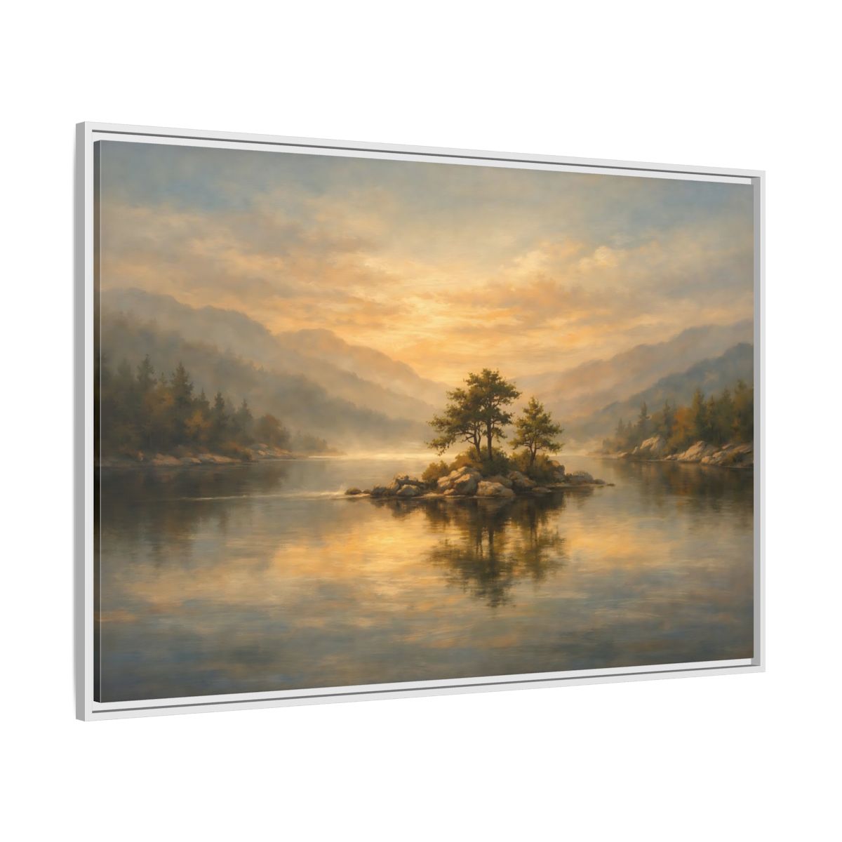 Side Mockup 7. Nature Lake Island Golden Lake Island shown as stretched canvas wall art