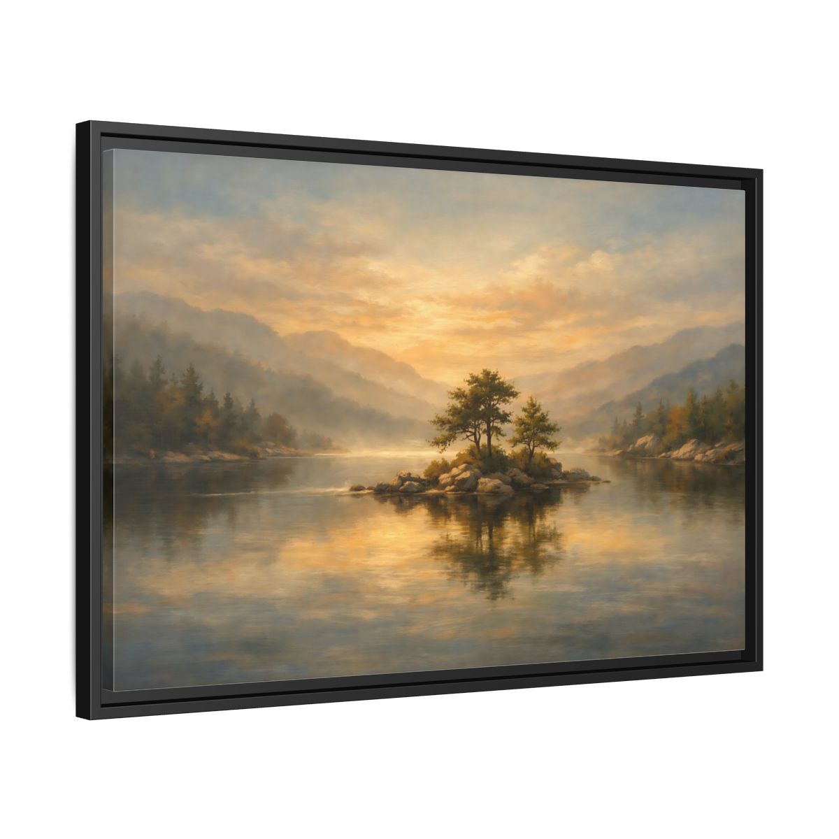 Side Mockup 14. Nature Lake Island Golden Lake Island shown as stretched canvas wall art