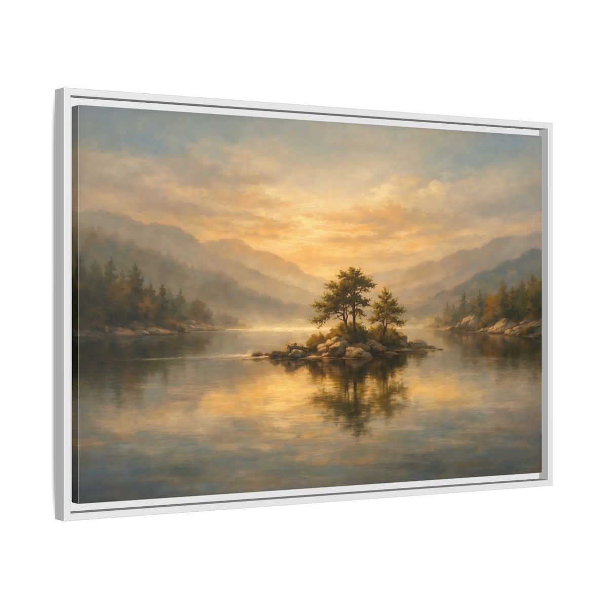 Side Mockup 8. Nature Lake Island Golden Lake Island shown as stretched canvas wall art