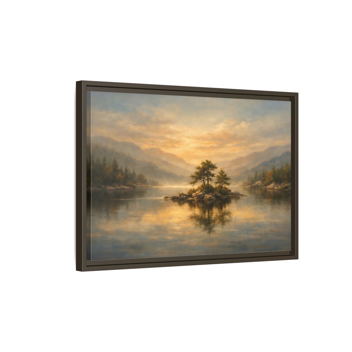 Side Mockup 2. Nature Lake Island Golden Lake Island shown as stretched canvas wall art