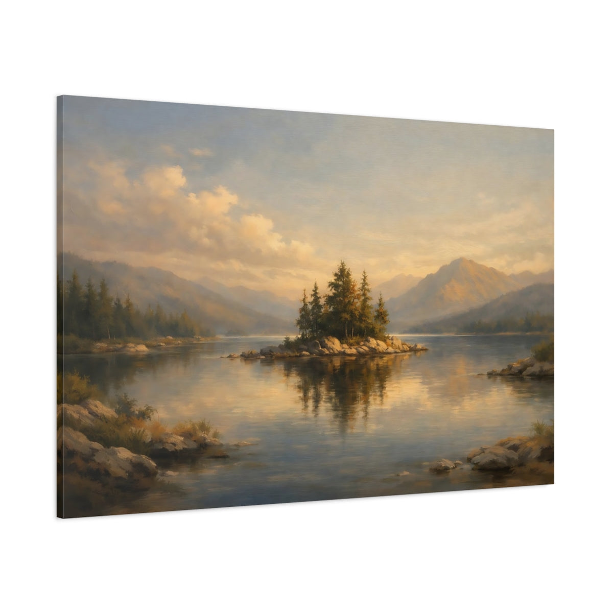 Main Mockup. Nature Lake Island Golden Lake shown as stretched canvas wall art
