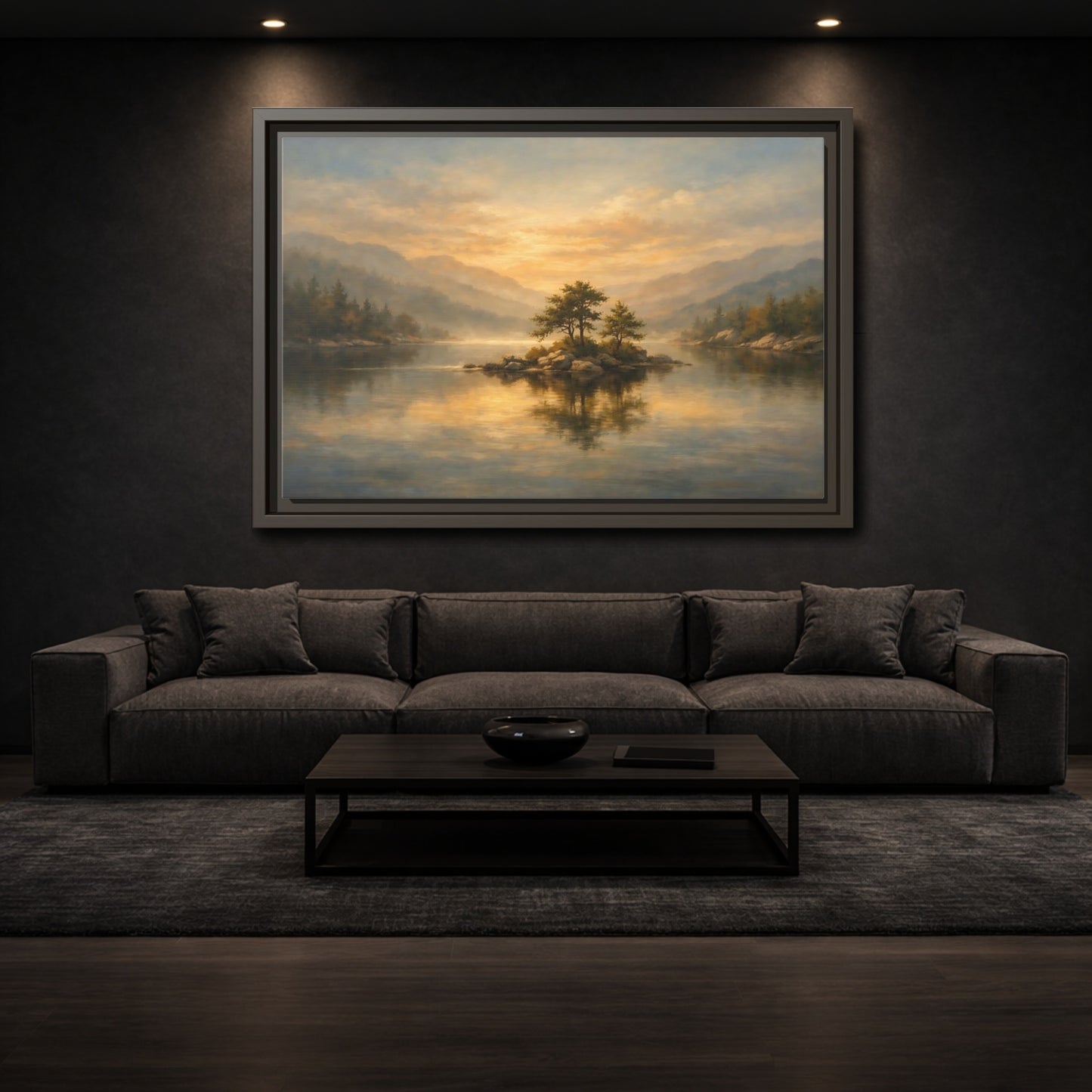Mockup 2. Nature Lake Island Golden Lake Island shown as stretched canvas wall art