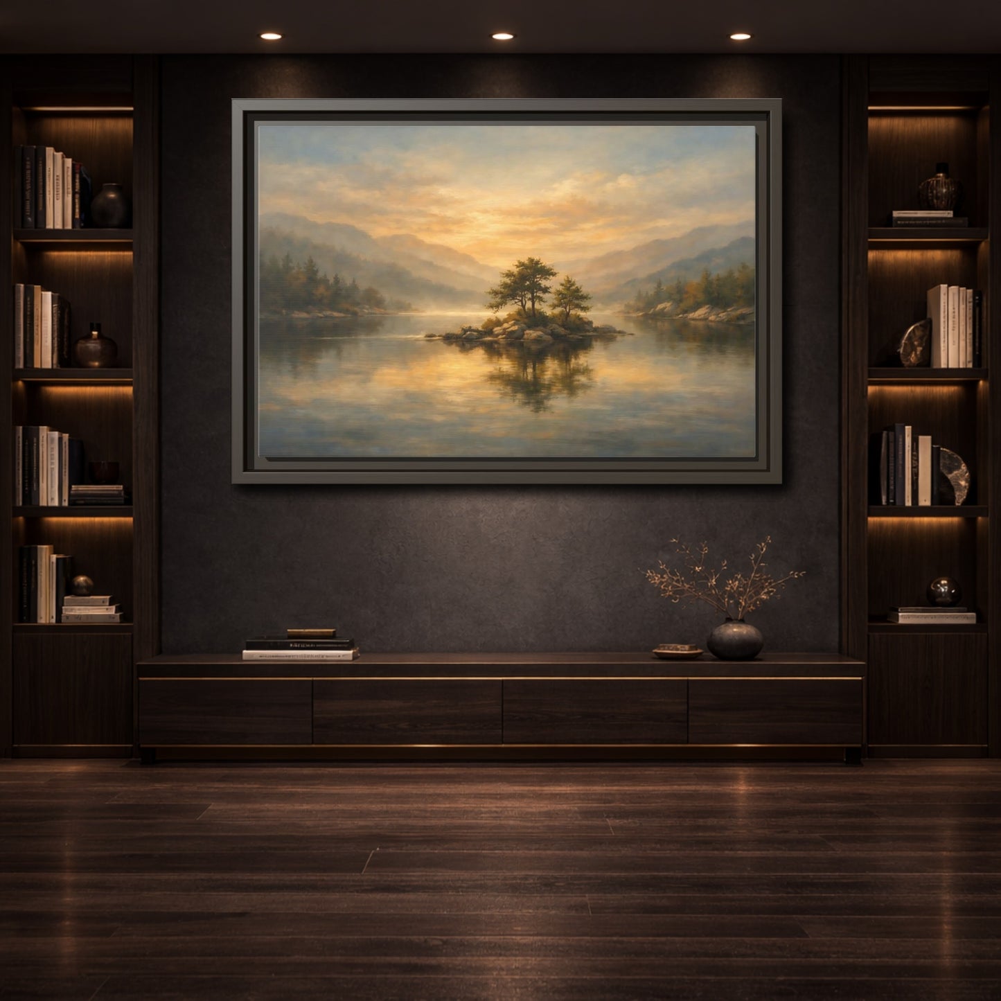 Mockup 3. Nature Lake Island Golden Lake Island shown as stretched canvas wall art
