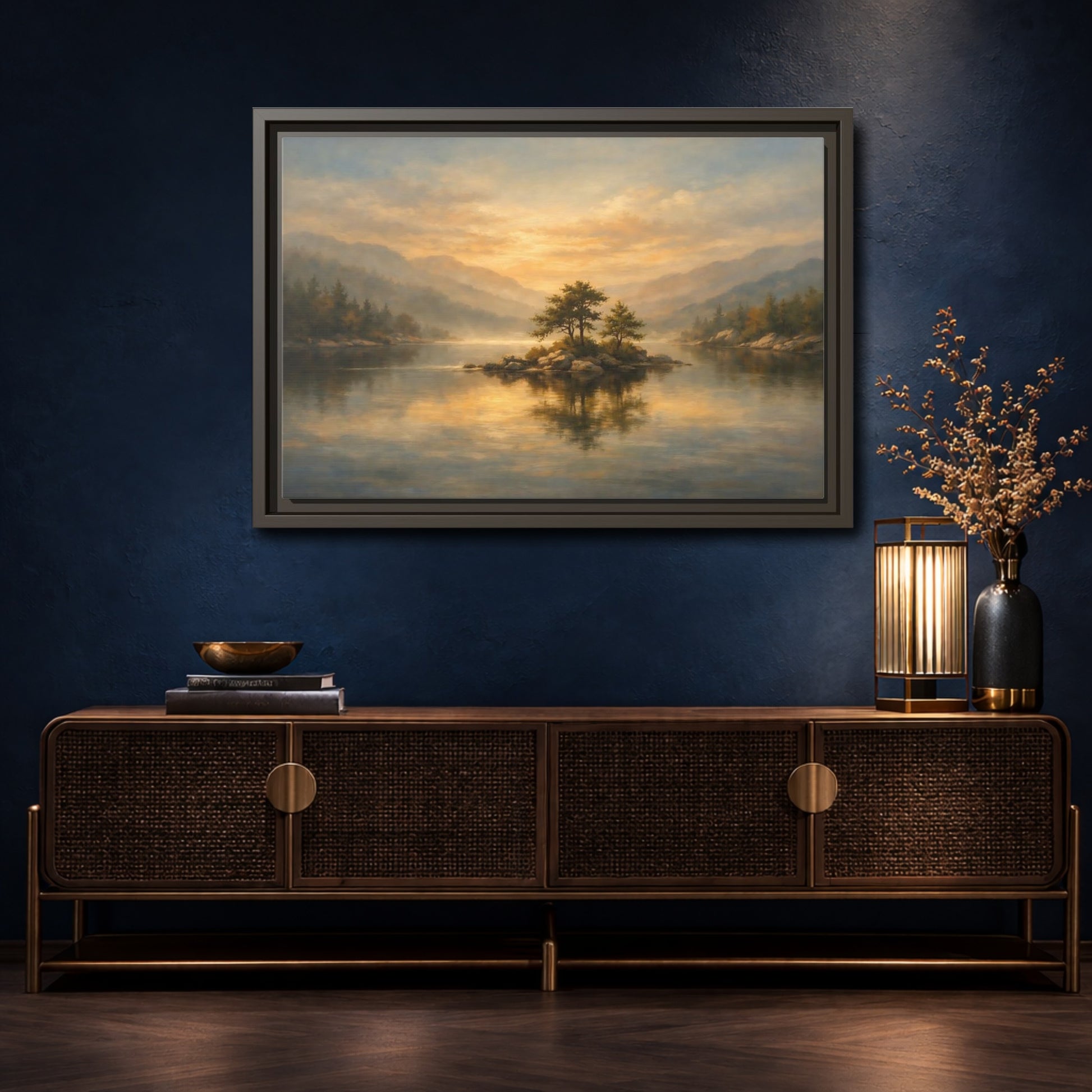 Mockup 4. Nature Lake Island Golden Lake Island shown as stretched canvas wall art