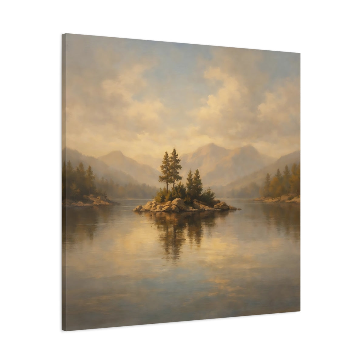 Main Mockup. Nature Lake Island Golden Lake Landscape shown as stretched canvas wall art