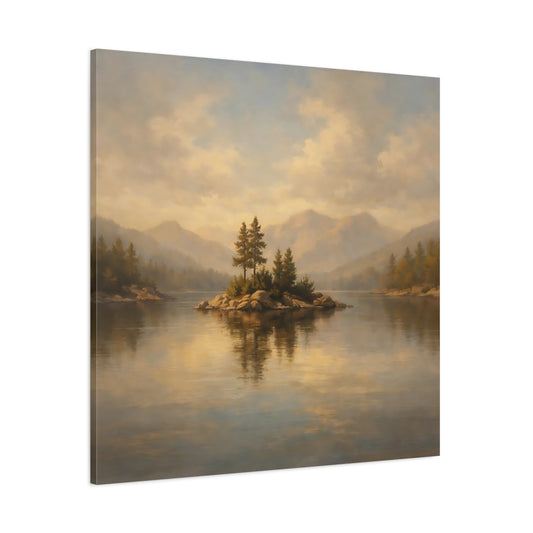 Main Mockup. Nature Lake Island Golden Lake Landscape shown as stretched canvas wall art