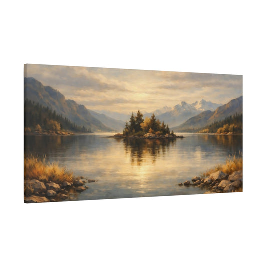 Main Mockup. Nature Lake Island Golden Lake Landscape shown as stretched canvas wall art