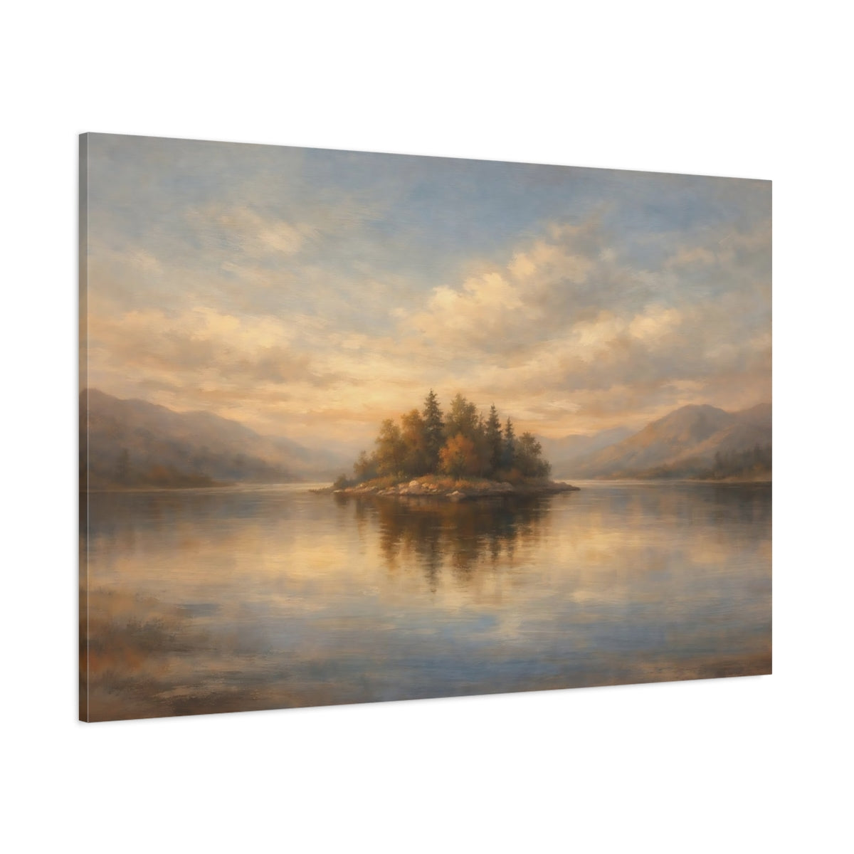 Main Mockup. Nature Lake Island Golden Lake Landscape shown as stretched canvas wall art