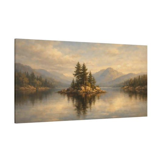 Main Mockup. Nature Lake Island Golden Lake Landscape shown as stretched canvas wall art