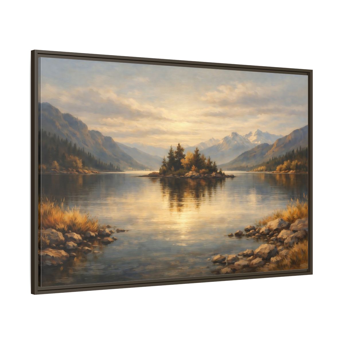 Main Mockup. Nature Lake Island Golden Lake Landscape shown as stretched canvas wall art