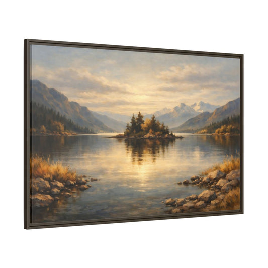Main Mockup. Nature Lake Island Golden Lake Landscape shown as stretched canvas wall art