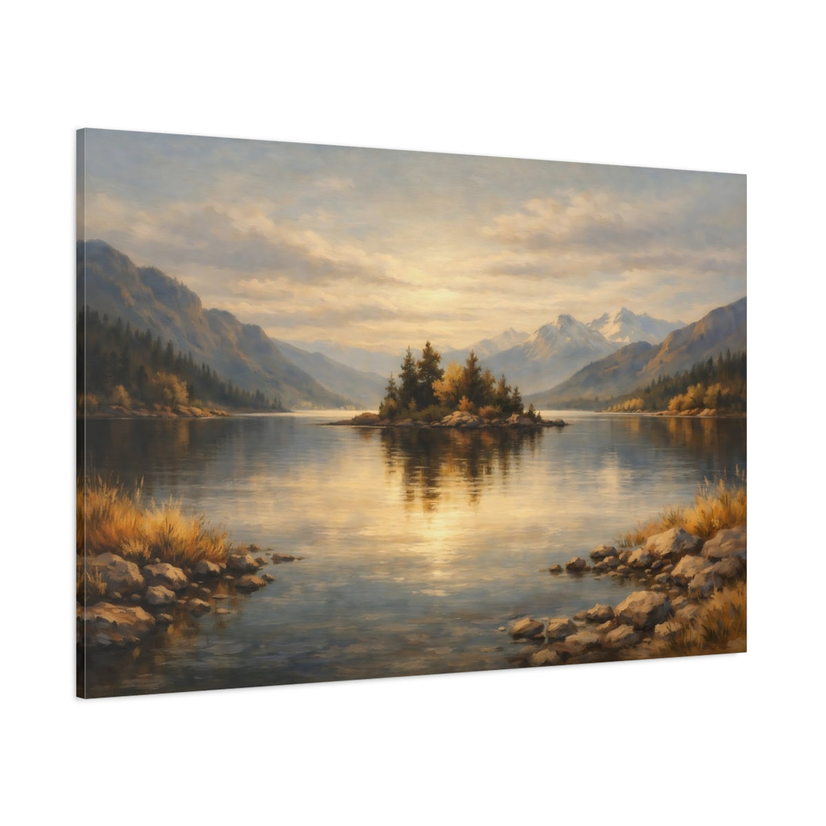 Main Mockup. Nature Lake Island Golden Lake Landscape shown as stretched canvas wall art