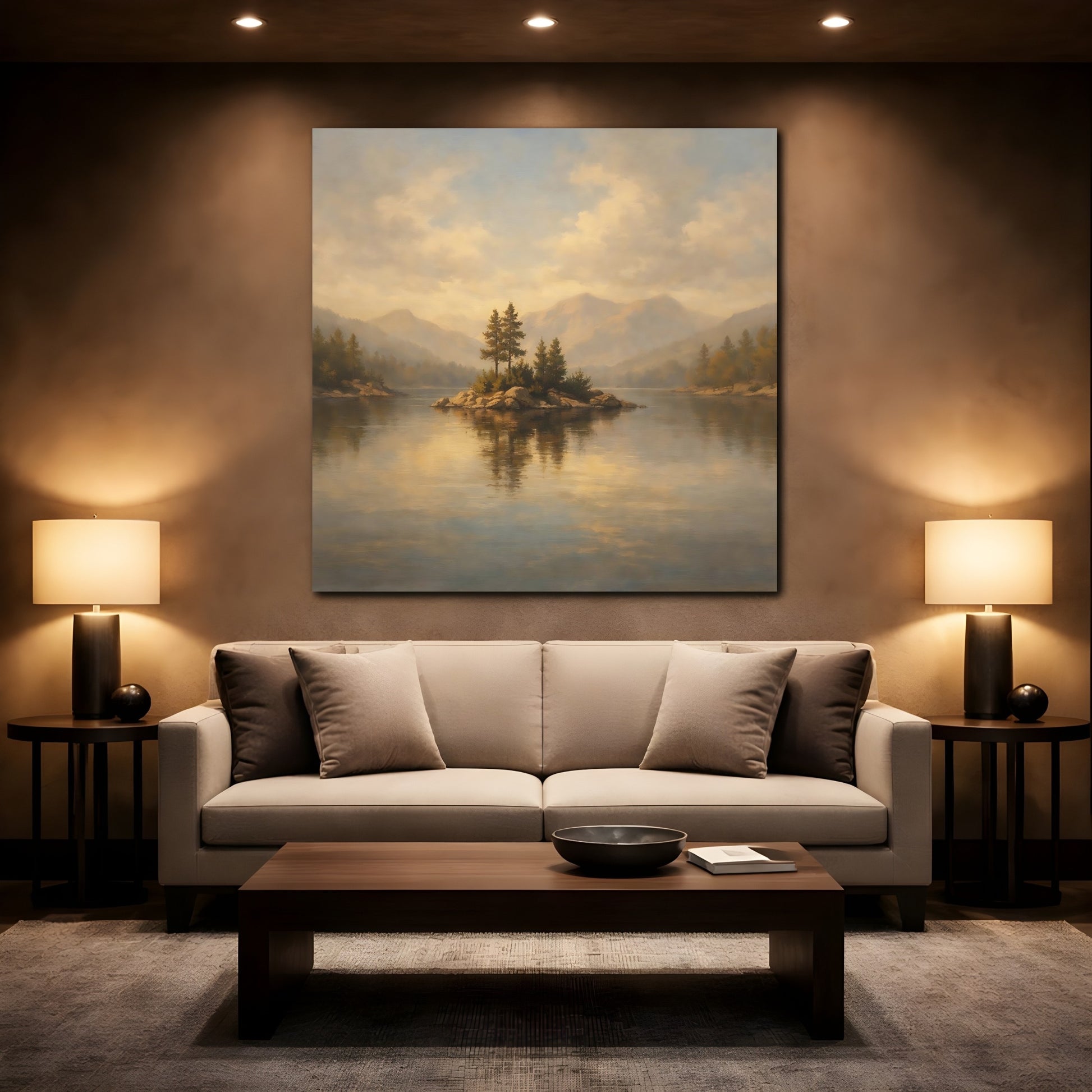 Mockup 2. Nature Lake Island Golden Lake Landscape shown as stretched canvas wall art