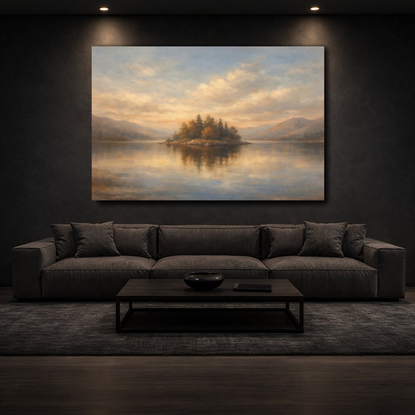 Mockup 2. Nature Lake Island Golden Lake Landscape shown as stretched canvas wall art