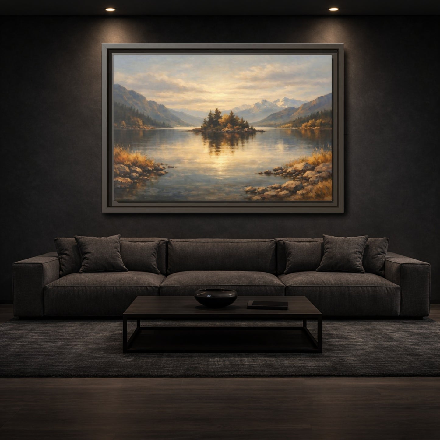 Mockup 2. Nature Lake Island Golden Lake Landscape shown as stretched canvas wall art