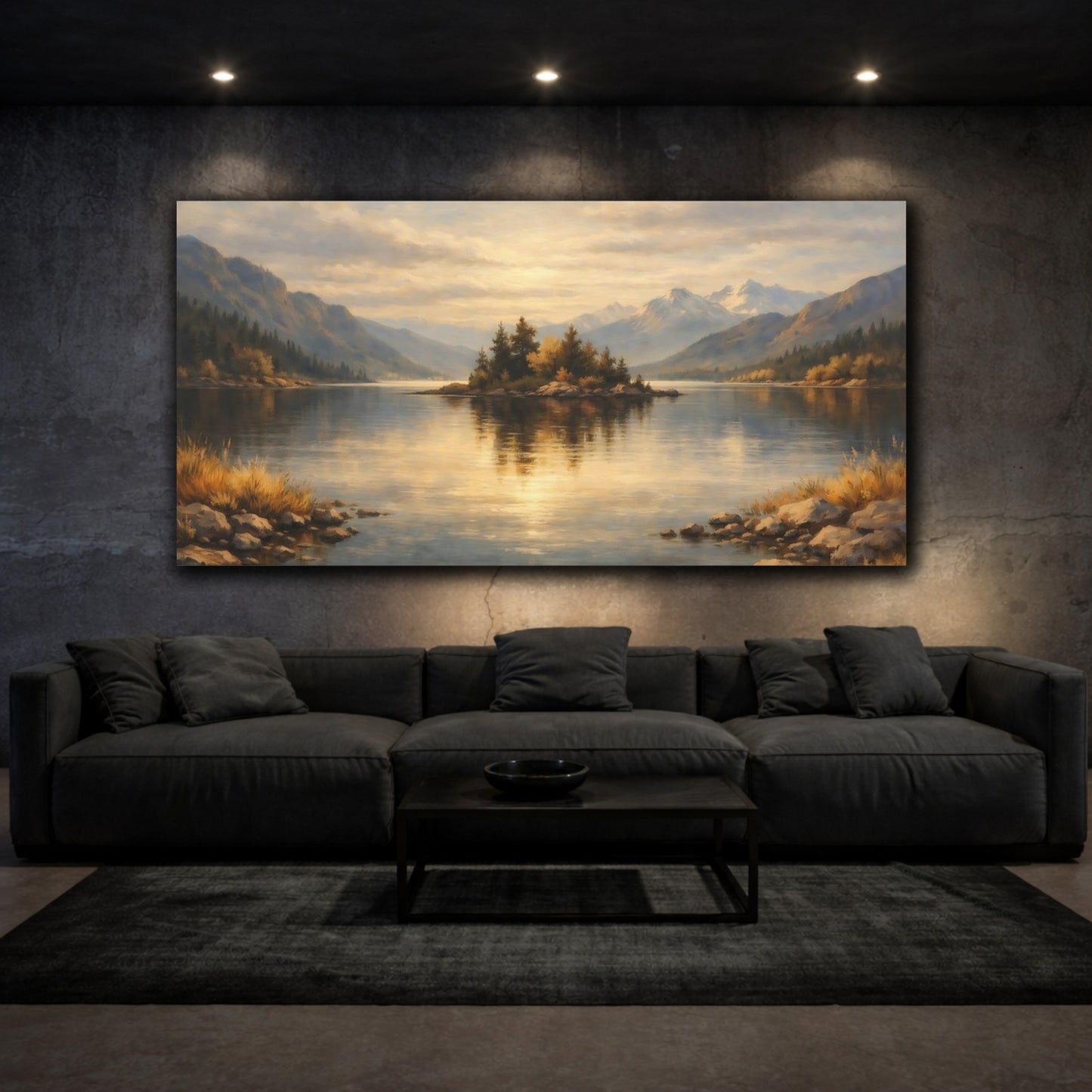 Mockup 2. Nature Lake Island Golden Lake Landscape shown as stretched canvas wall art