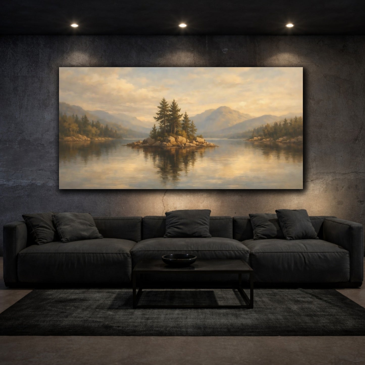 Mockup 2. Nature Lake Island Golden Lake Landscape shown as stretched canvas wall art
