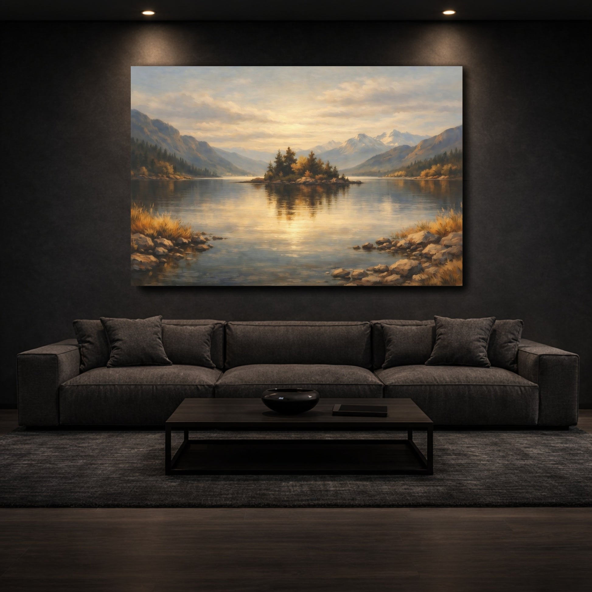 Mockup 2. Nature Lake Island Golden Lake Landscape shown as stretched canvas wall art