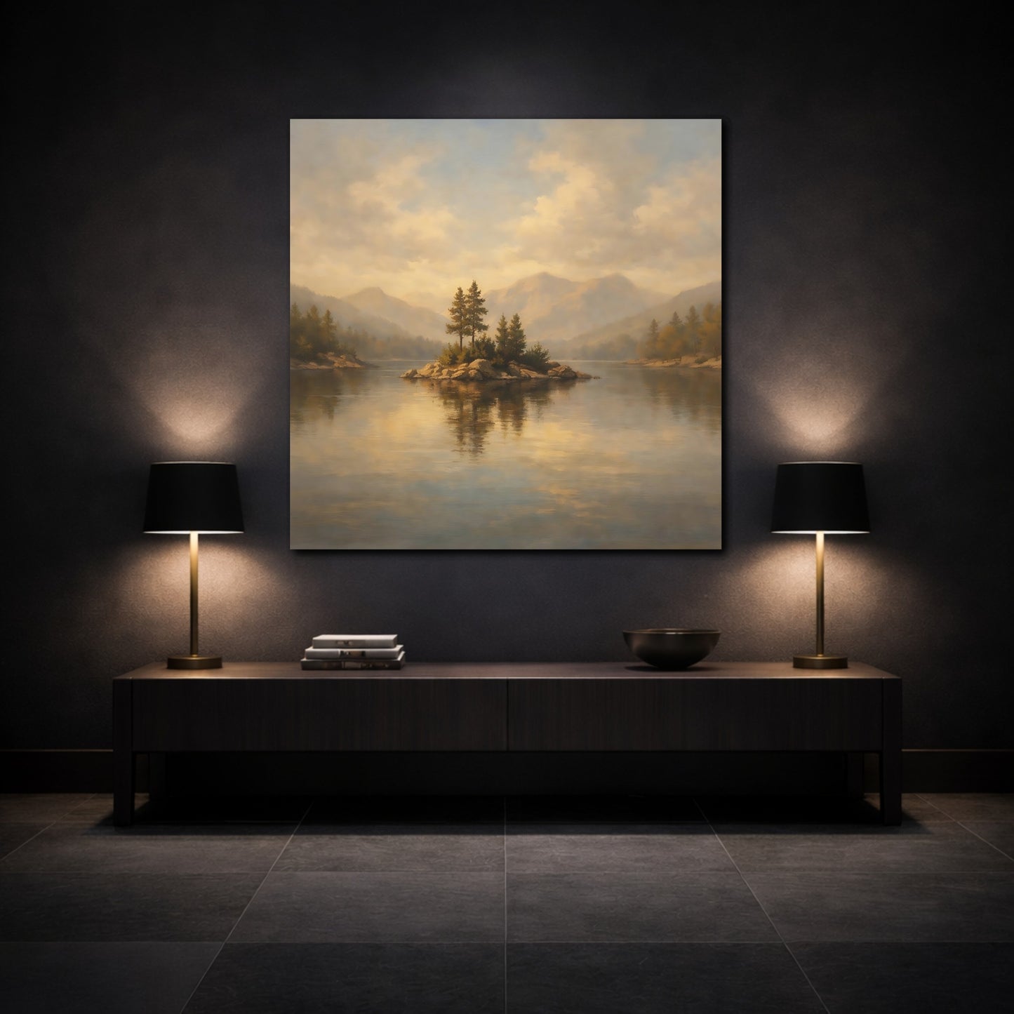 Mockup 3. Nature Lake Island Golden Lake Landscape shown as stretched canvas wall art