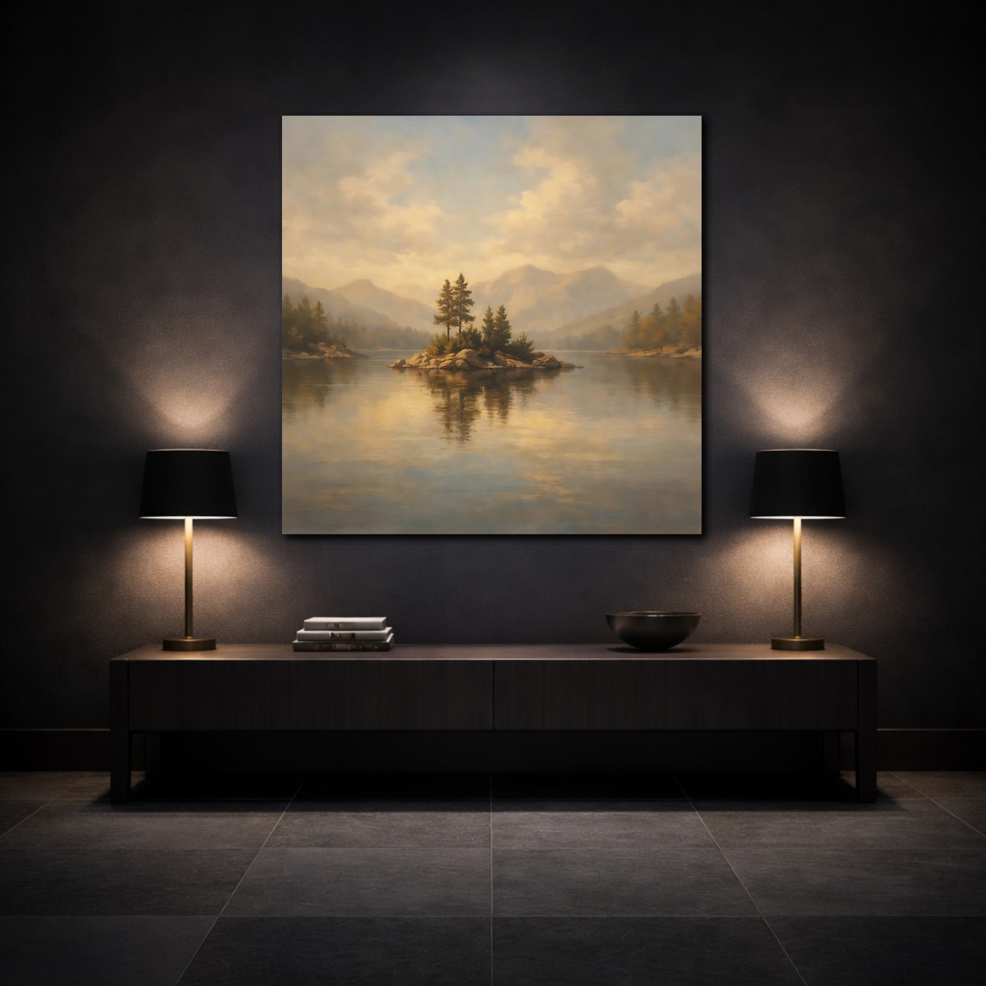 Mockup 3. Nature Lake Island Golden Lake Landscape shown as stretched canvas wall art