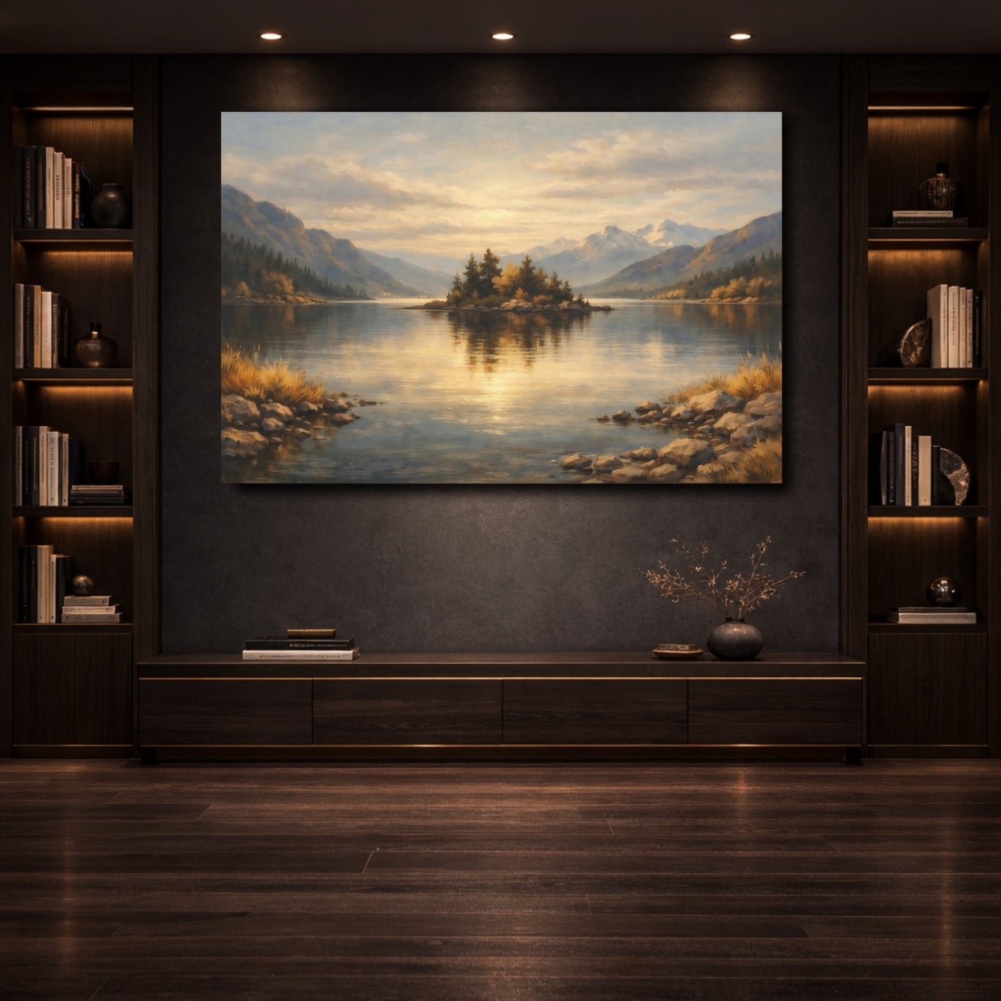 Mockup 3. Nature Lake Island Golden Lake Landscape shown as stretched canvas wall art