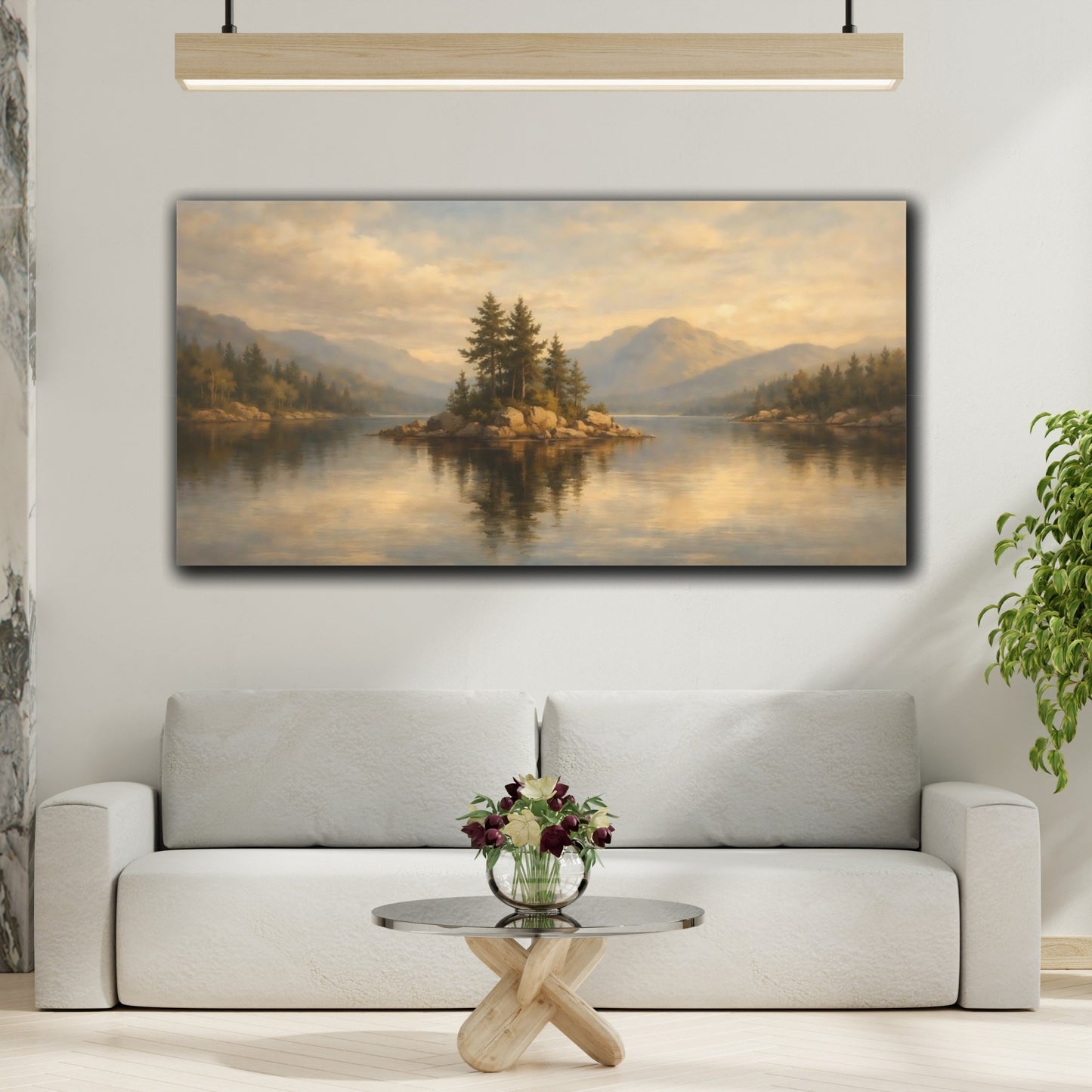 Mockup 3. Nature Lake Island Golden Lake Landscape shown as stretched canvas wall art