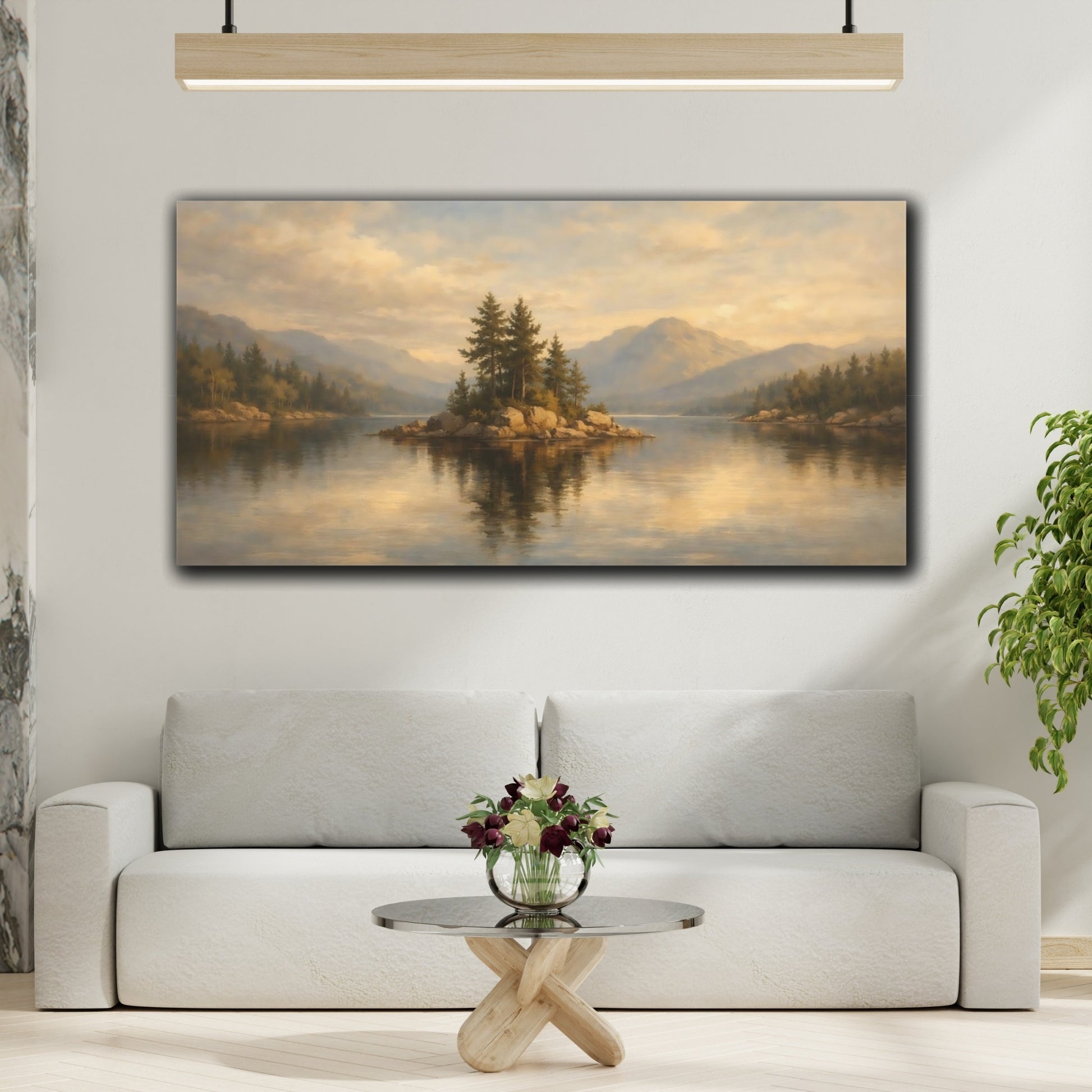 Mockup 3. Nature Lake Island Golden Lake Landscape shown as stretched canvas wall art
