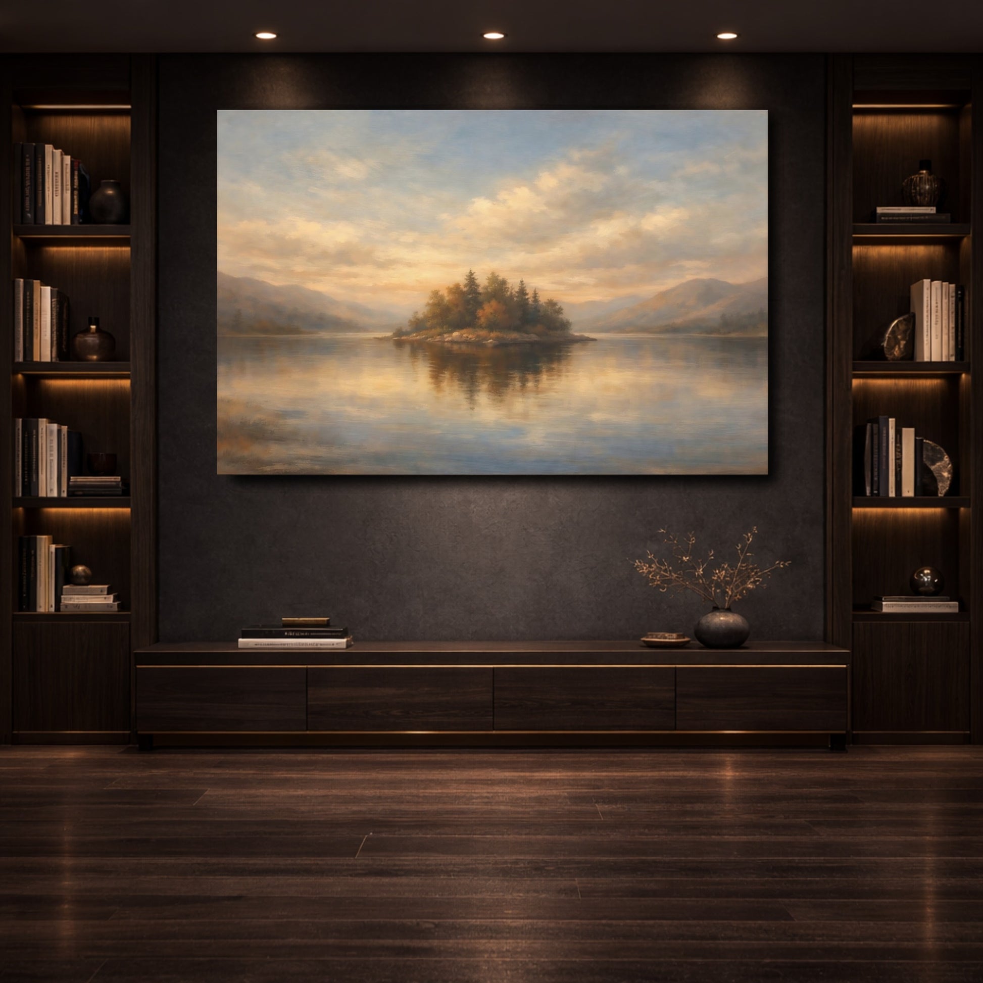 Mockup 3. Nature Lake Island Golden Lake Landscape shown as stretched canvas wall art