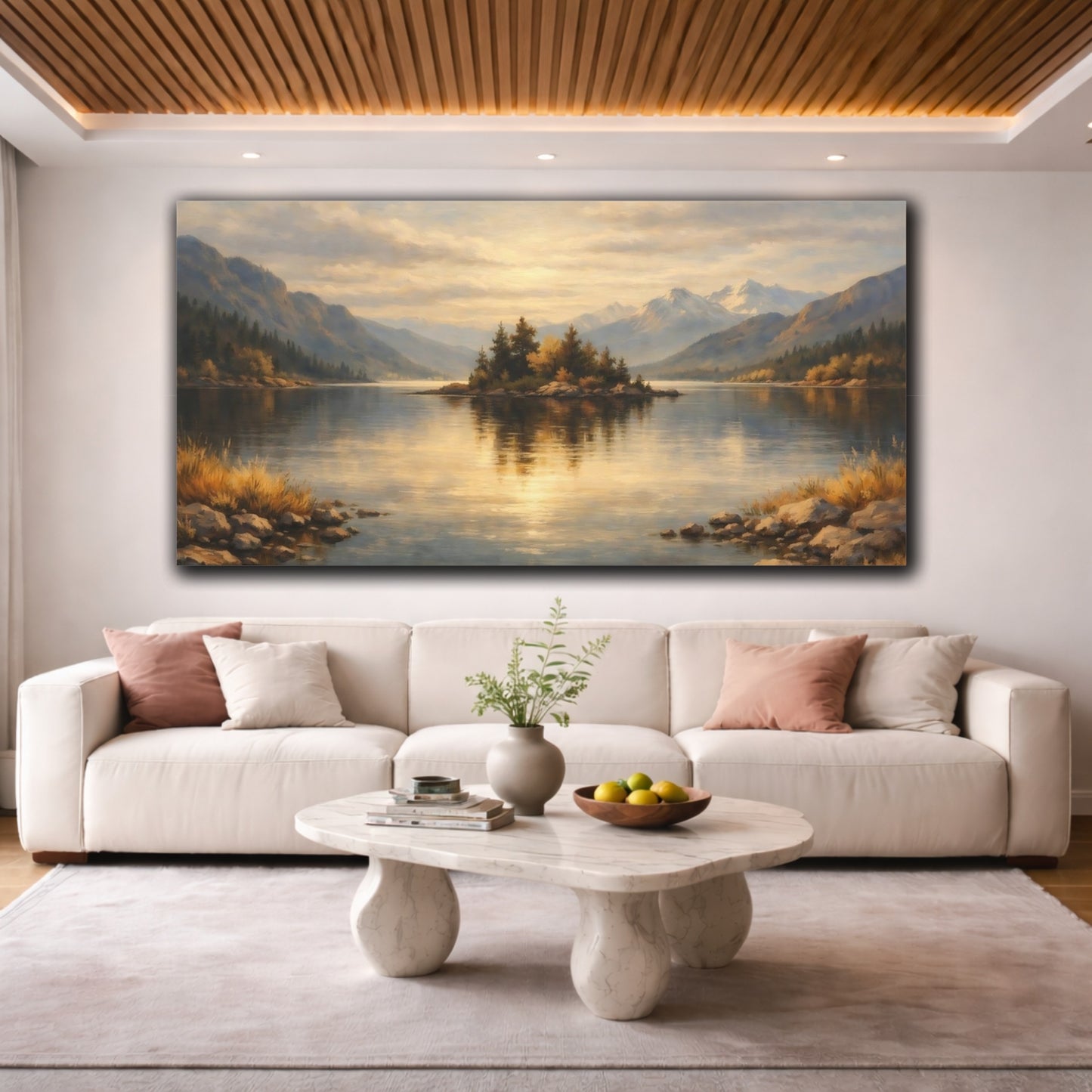 Mockup 3. Nature Lake Island Golden Lake Landscape shown as stretched canvas wall art