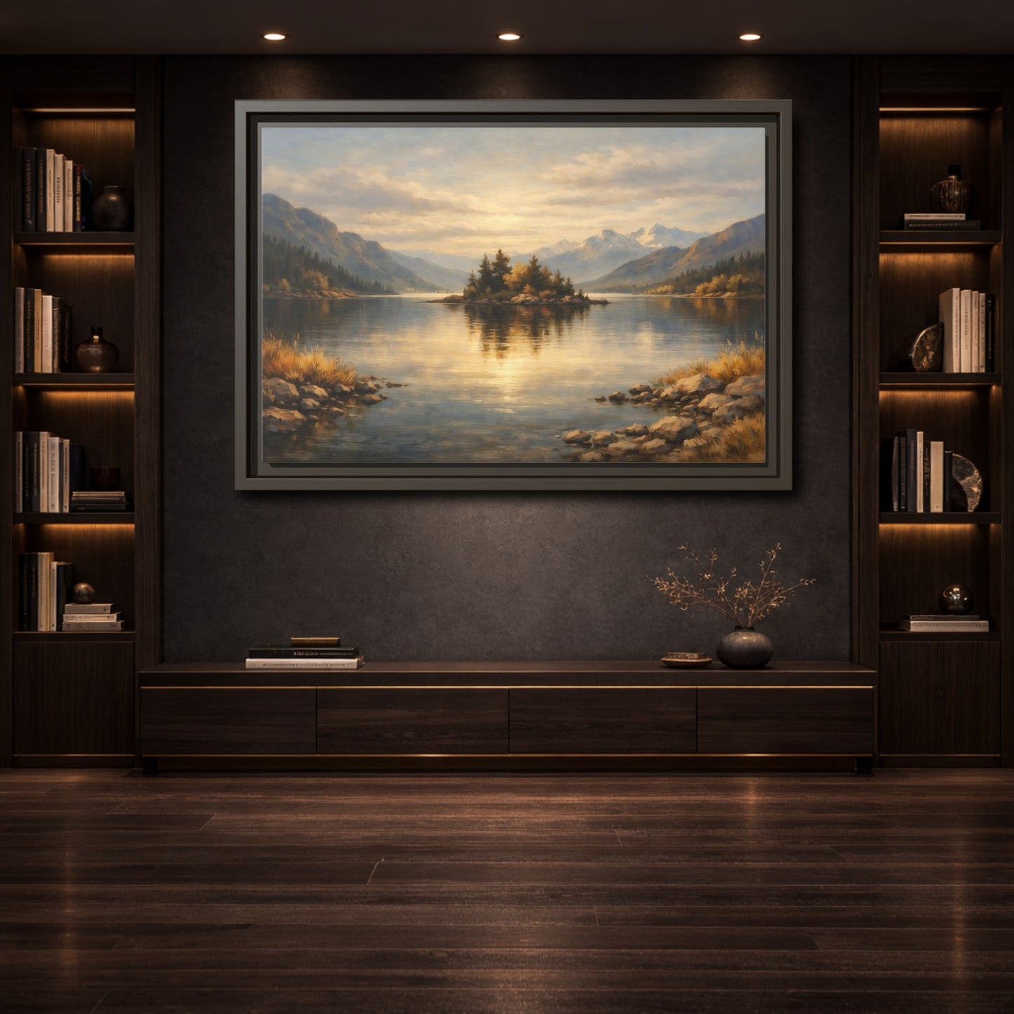 Mockup 3. Nature Lake Island Golden Lake Landscape shown as stretched canvas wall art
