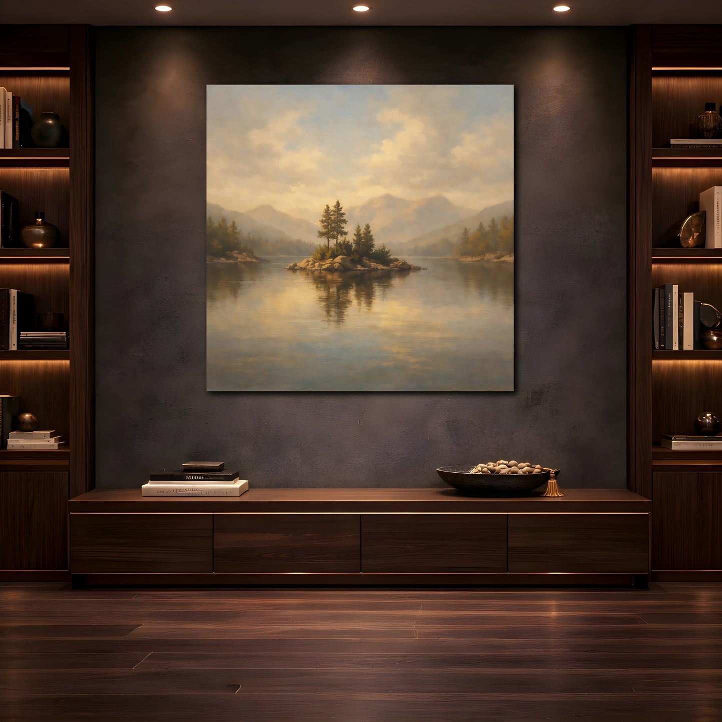 Mockup 4. Nature Lake Island Golden Lake Landscape shown as stretched canvas wall art