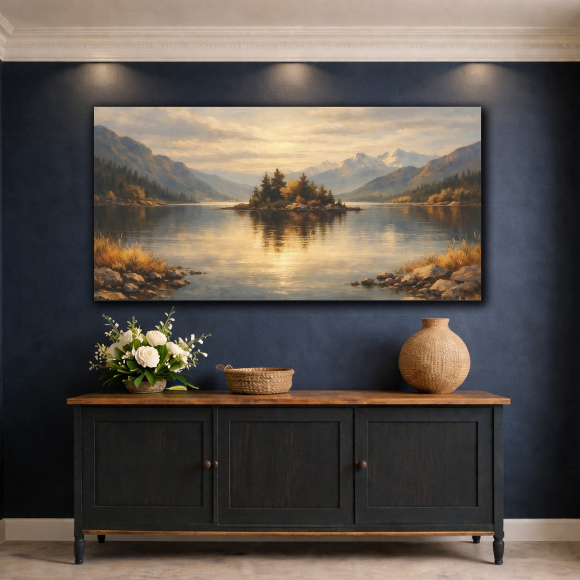 Mockup 4. Nature Lake Island Golden Lake Landscape shown as stretched canvas wall art