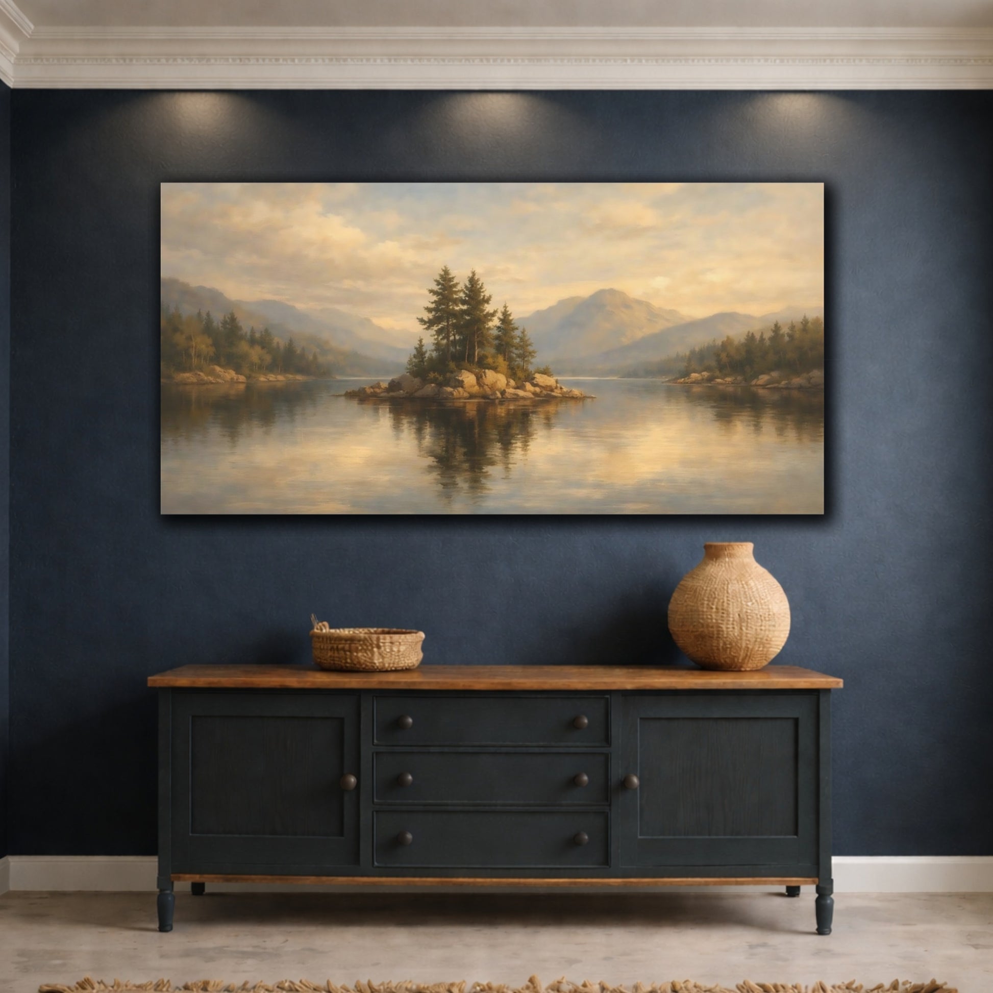 Mockup 4. Nature Lake Island Golden Lake Landscape shown as stretched canvas wall art