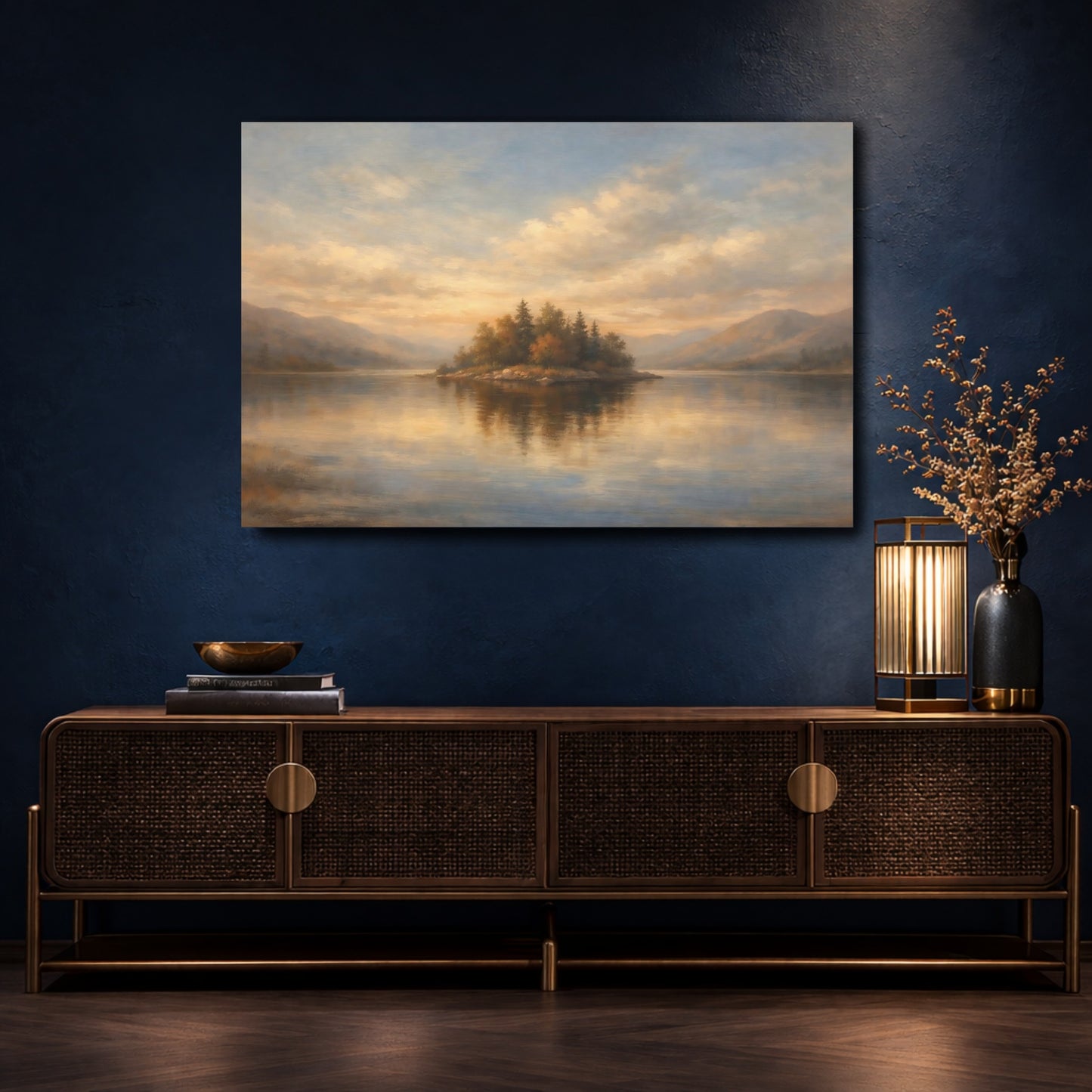 Mockup 4. Nature Lake Island Golden Lake Landscape shown as stretched canvas wall art
