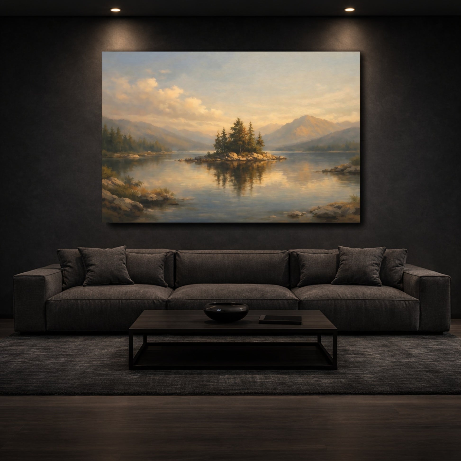 Mockup 2. Nature Lake Island Golden Lake shown as stretched canvas wall art