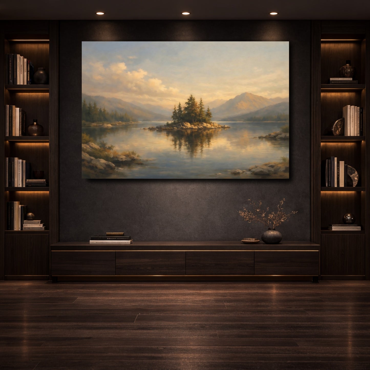 Mockup 3. Nature Lake Island Golden Lake shown as stretched canvas wall art