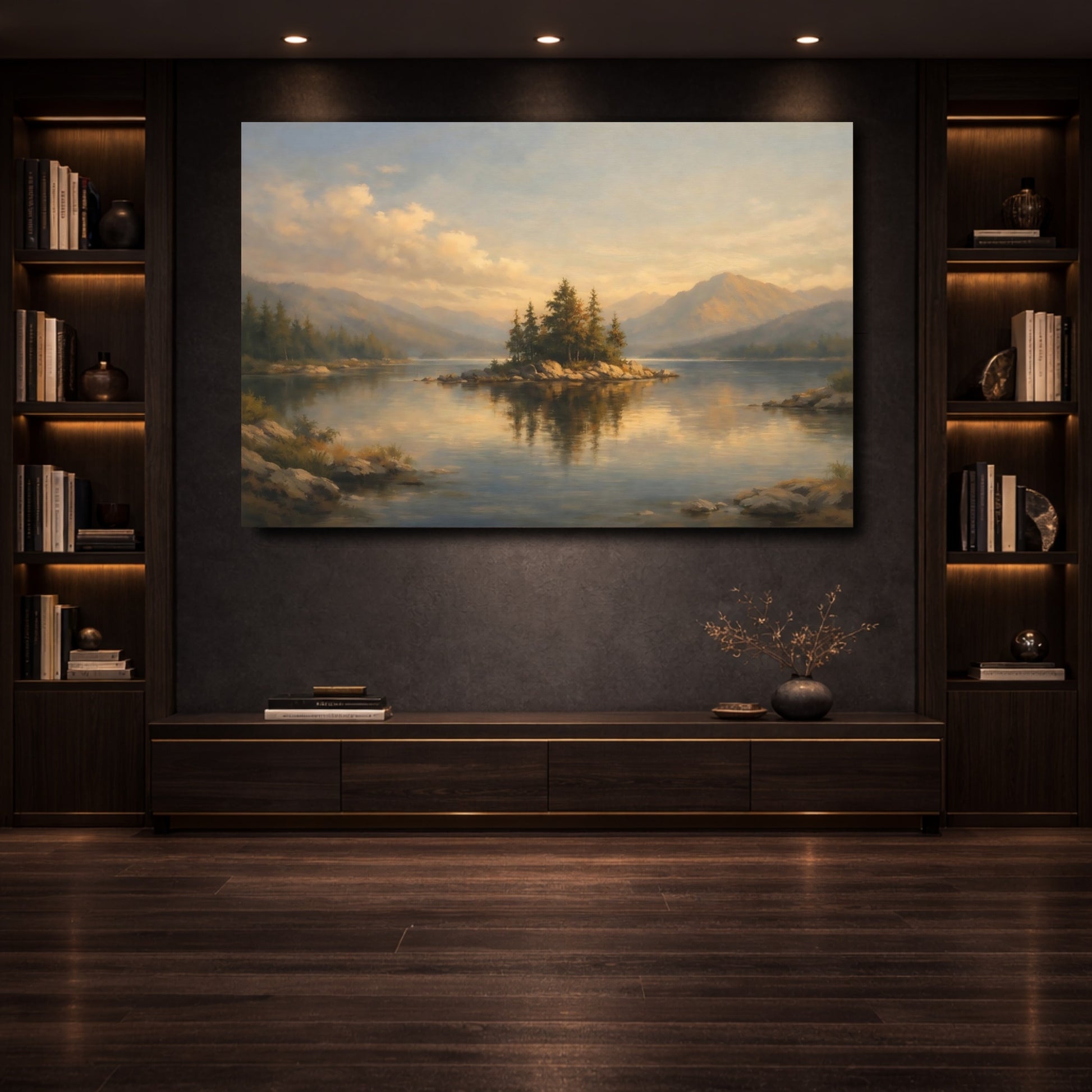 Mockup 3. Nature Lake Island Golden Lake shown as stretched canvas wall art