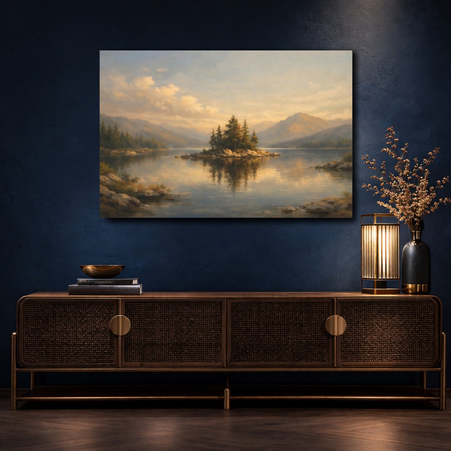 Mockup 4. Nature Lake Island Golden Lake shown as stretched canvas wall art