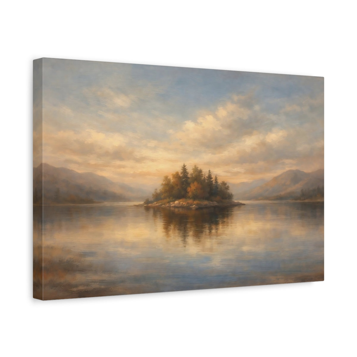 Side Mockup 4. Nature Lake Island Golden Lake Landscape shown as stretched canvas wall art