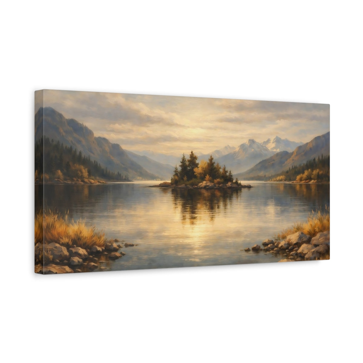 Side Mockup 3. Nature Lake Island Golden Lake Landscape shown as stretched canvas wall art