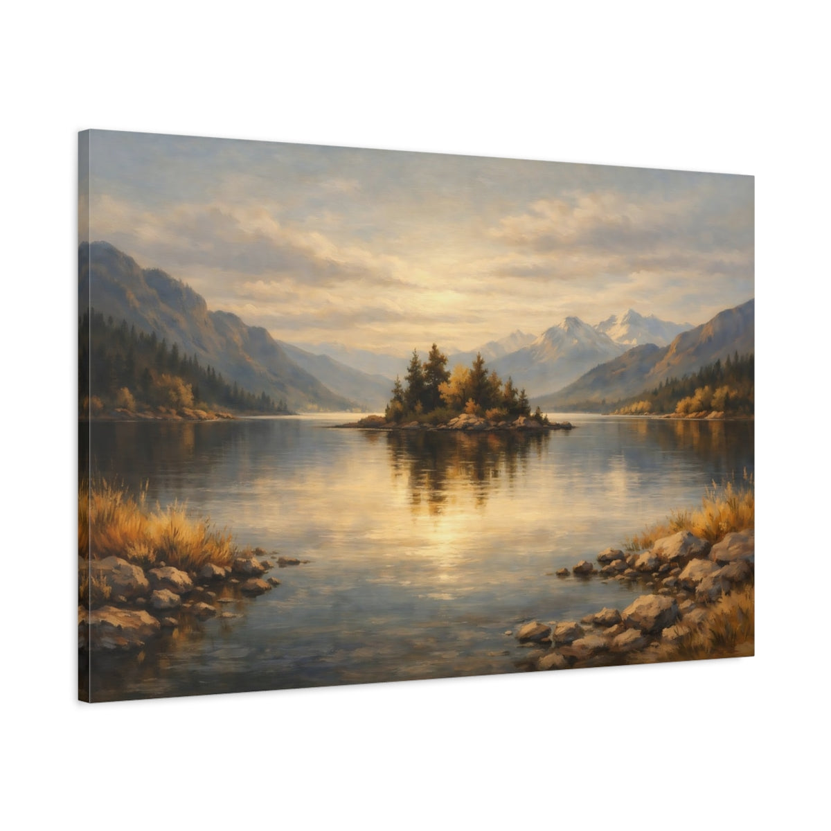 Side Mockup 1. Nature Lake Island Golden Lake Landscape shown as stretched canvas wall art